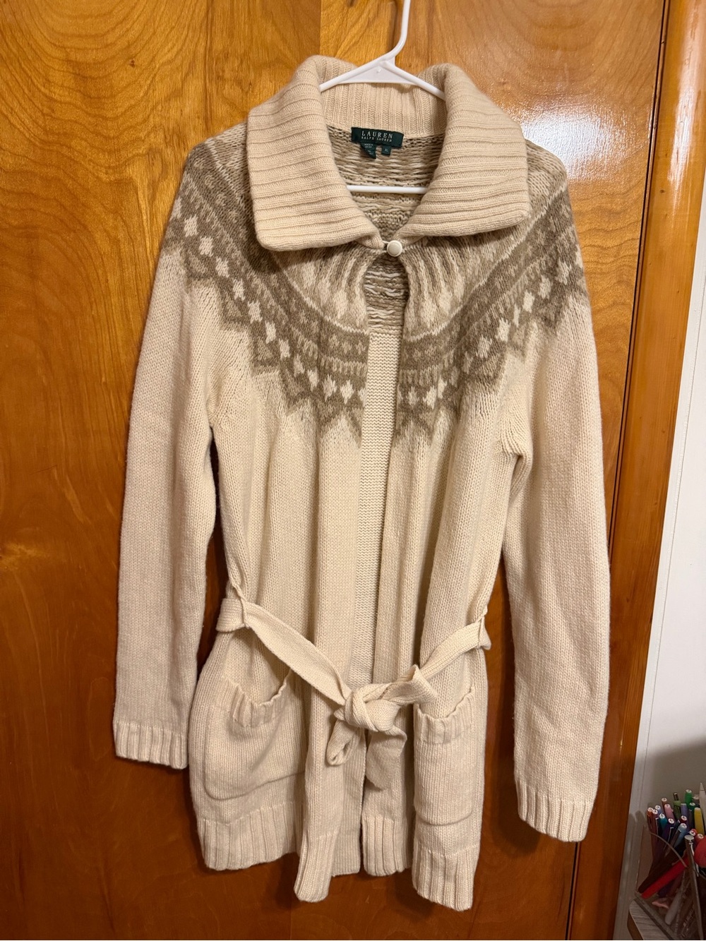Ralph Lauren Cream and Tan Knit Shawl-Collar Sweater Cardigan